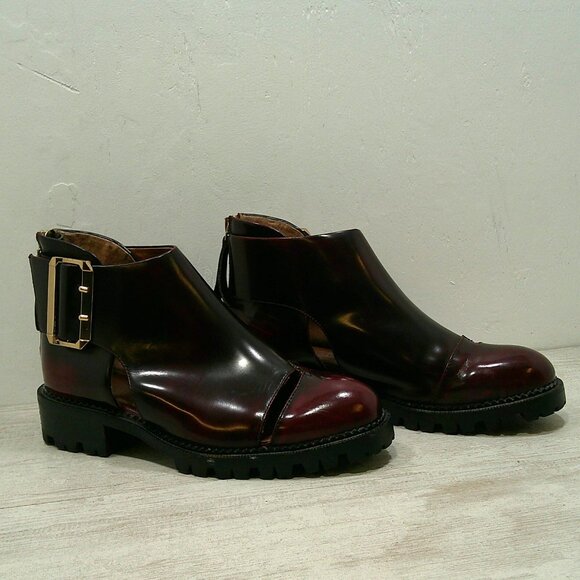 Jeffrey Campbell Great Moments Burgundy Leather Buckle Cutout Ankle Boots SZ 6 - Picture 1 of 13